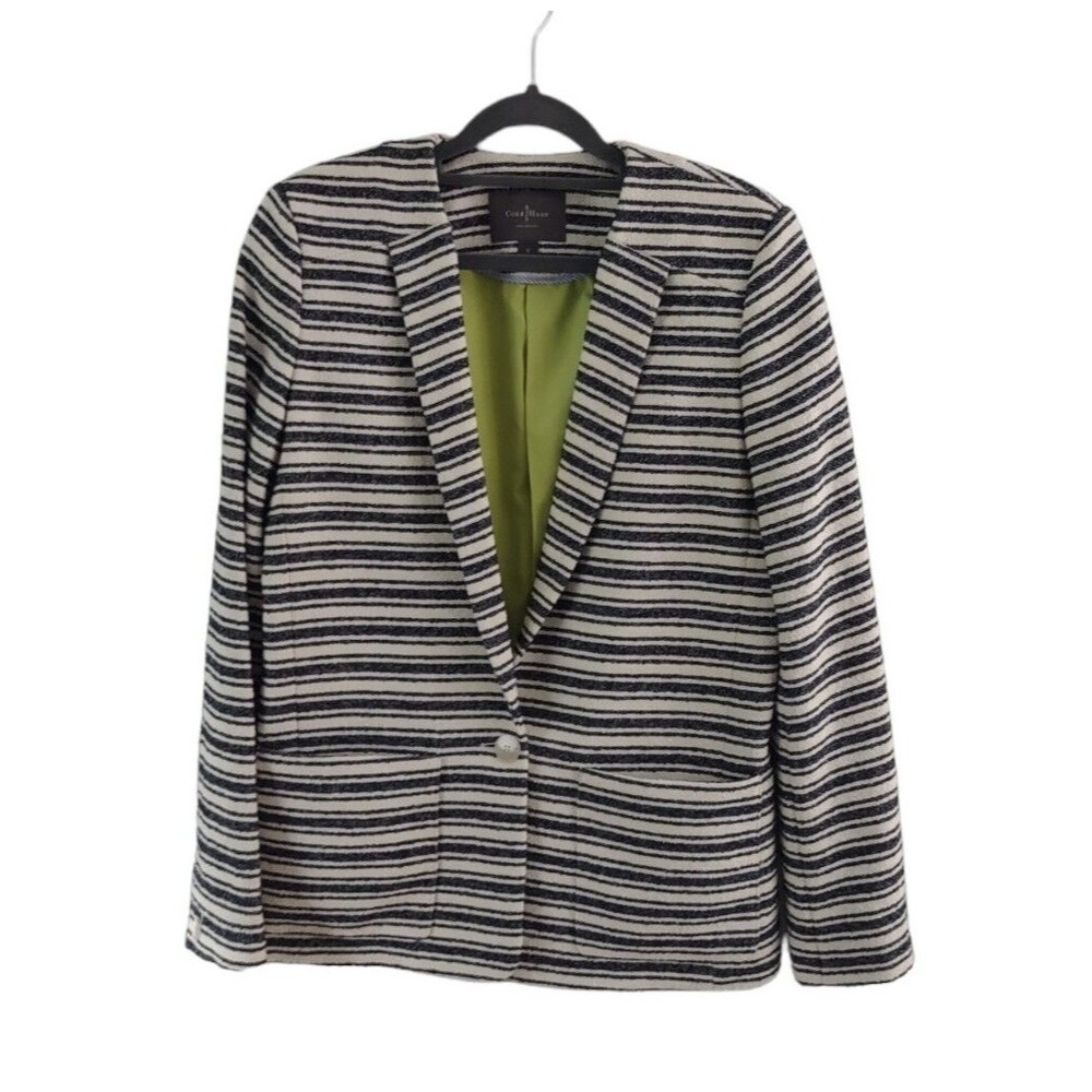 Cole Haan Striped Cotton Blazer Jacket Womens 8 One Button Blue White